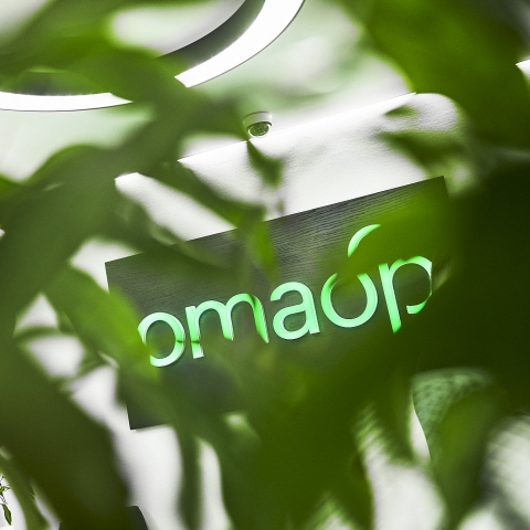 Vihreiden lehtien takaa pilkistää OmaSp:n logo