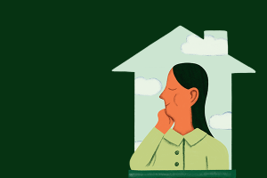 Piirroskuva henkilöstä talon sisällä.